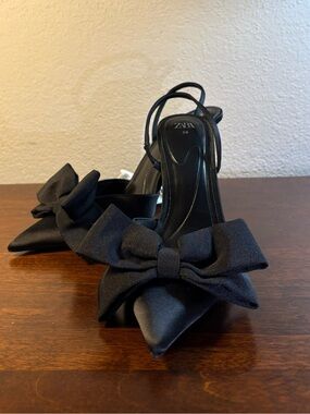 ZARA Black Satin Pointed Toe Slingback Heels with Bow